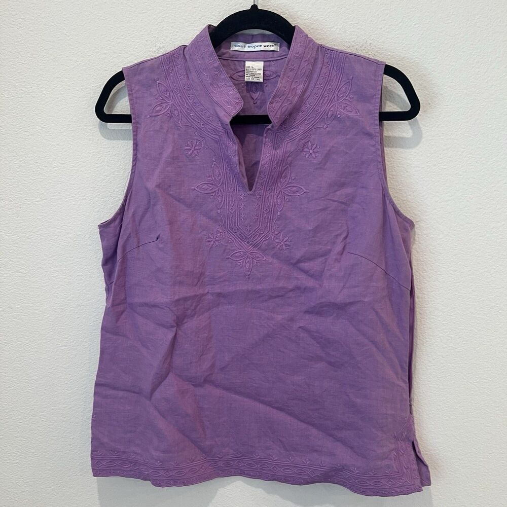 100% LINEN Saint Tropez West Womens L Sleeveless Blouse Purple Fitted Classic